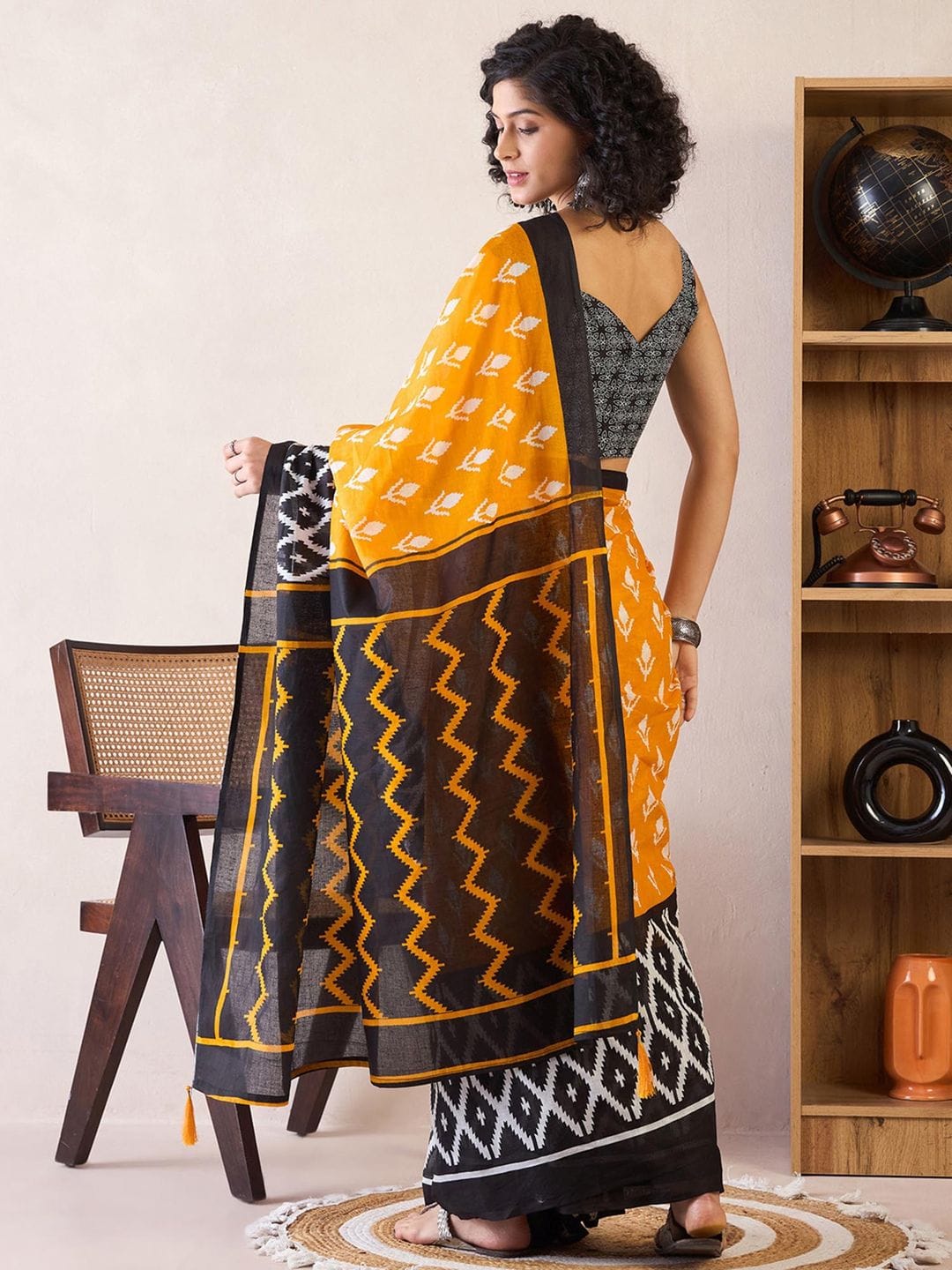 Yellow Black Mul Cotton Ready To Wear Saree With Pocket