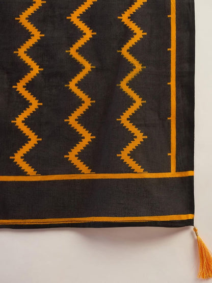 Yellow Black Mul Cotton Ready To Wear Saree With Pocket