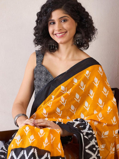 Yellow Black Mul Cotton Ready To Wear Saree With Pocket