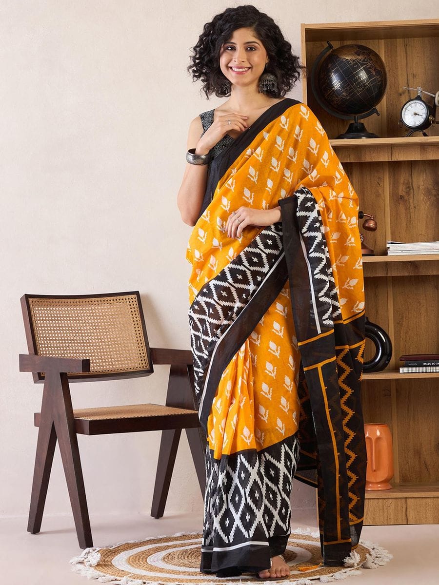 Yellow Black Mul Cotton Ready To Wear Saree With Pocket