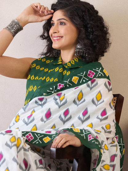 White Colour Mul Cotton Ready To Wear Saree With Pocket