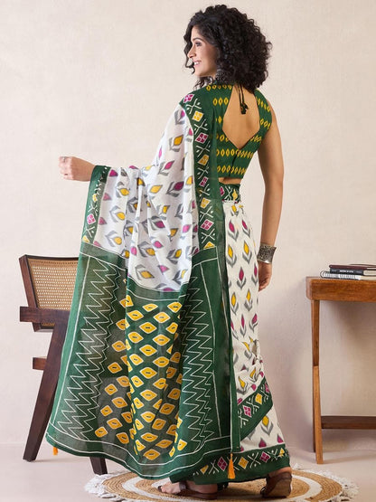 White Colour Mul Cotton Ready To Wear Saree With Pocket