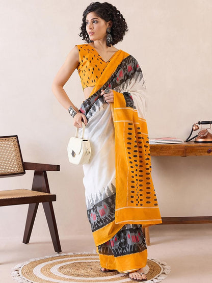 White Colour Mul Cotton Ready To Wear Saree With Pocket
