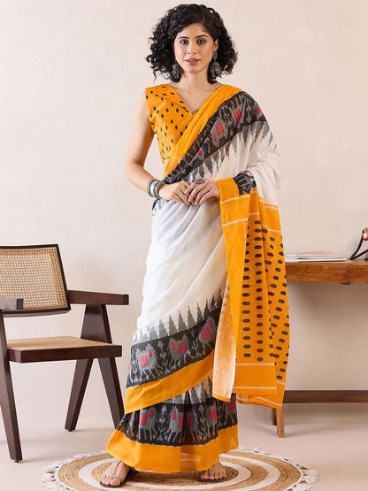 White Colour Mul Cotton Ready To Wear Saree With Pocket