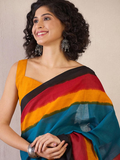 Multi Colour Mul Cotton Ready To Wear Saree With Pocket