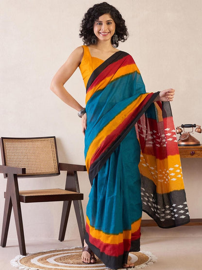Multi Colour Mul Cotton Ready To Wear Saree With Pocket
