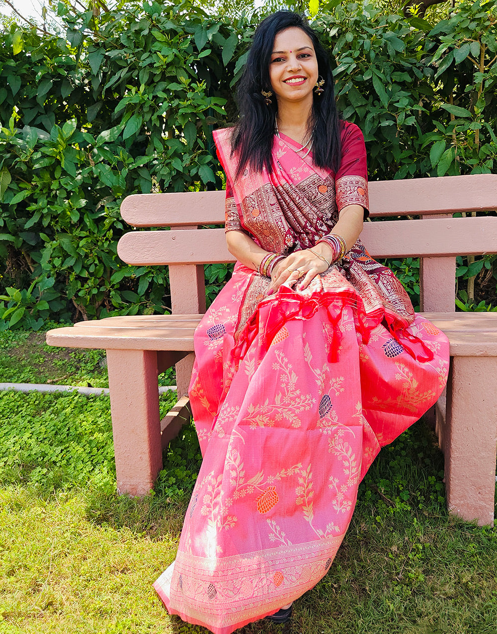 Rose Pink & Maroon Silk Saree With Zari Weaving Work