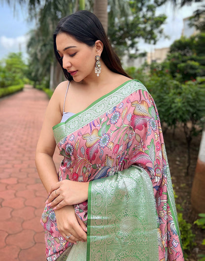 Light Pink Tussar Silk Saree With Flower Print