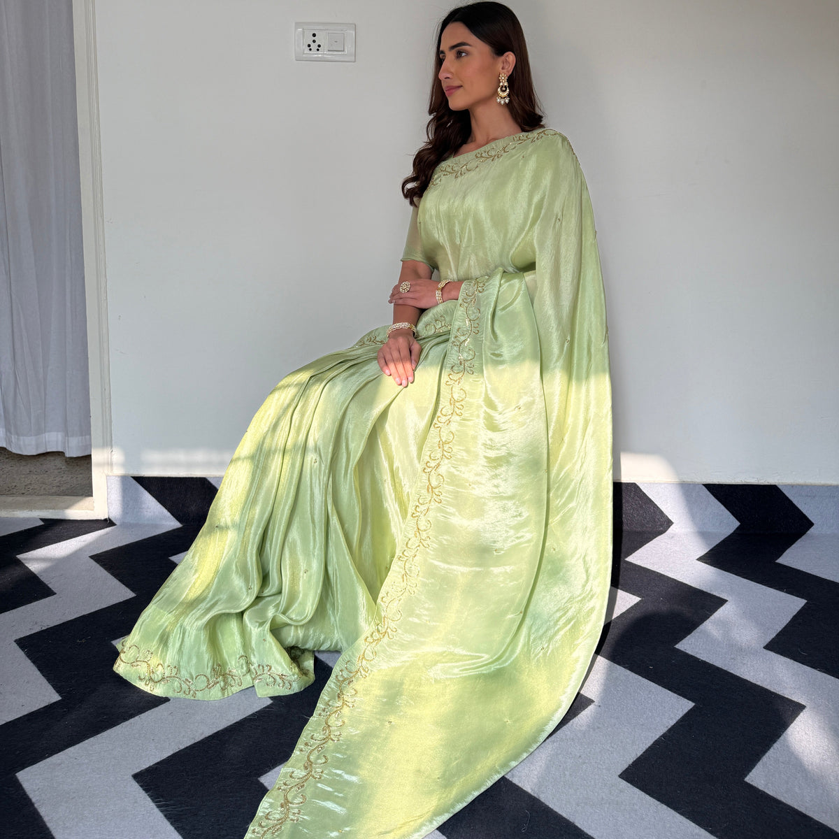 Green Color Designer Ready To Wear Saree With Stitched Blouse
