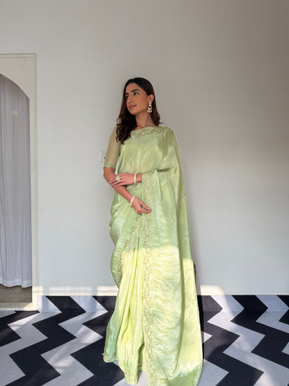 Green Color Designer Ready To Wear Saree With Stitched Blouse