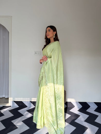 Green Color Designer Ready To Wear Saree With Stitched Blouse