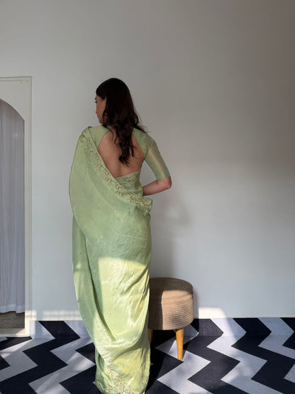 Green Color Designer Ready To Wear Saree With Stitched Blouse