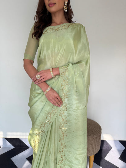 Green Color Designer Ready To Wear Saree With Stitched Blouse