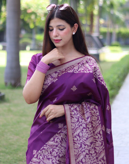 Purple Handloom Raw Silk Saree With Weaving Butties Work