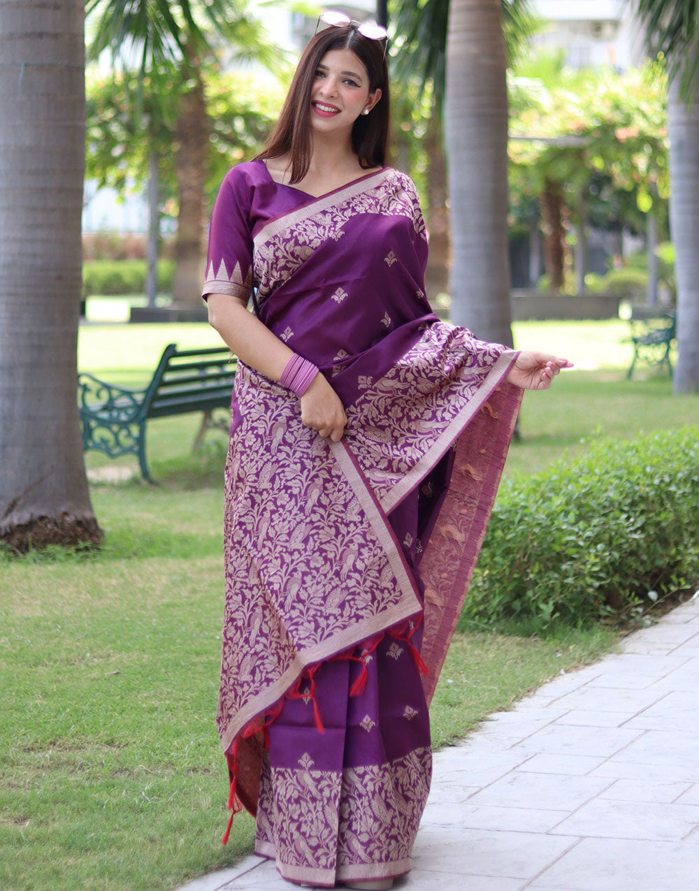 Purple Handloom Raw Silk Saree With Weaving Butties Work