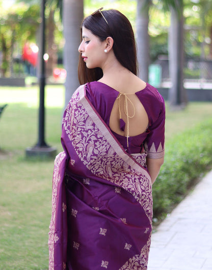 Purple Handloom Raw Silk Saree With Weaving Butties Work