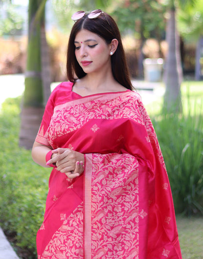 Pink Handloom Raw Silk Saree With Weaving Butties Work