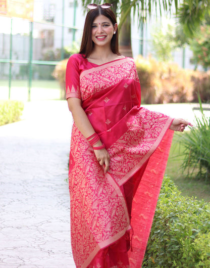 Pink Handloom Raw Silk Saree With Weaving Butties Work