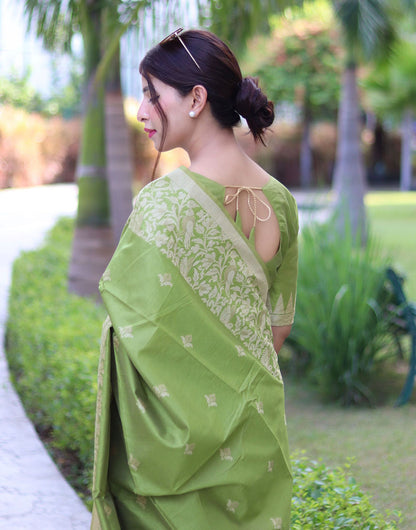 Pista Green Handloom Raw Silk Saree With Weaving Butties Work