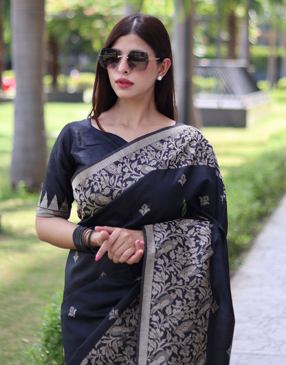 Black Handloom Raw Silk Saree With Weaving Butties Work