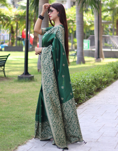 Green Handloom Raw Silk Saree With Weaving Butties Work