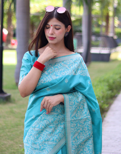 Sky Blue Handloom Raw Silk Saree With Weaving Butties Work