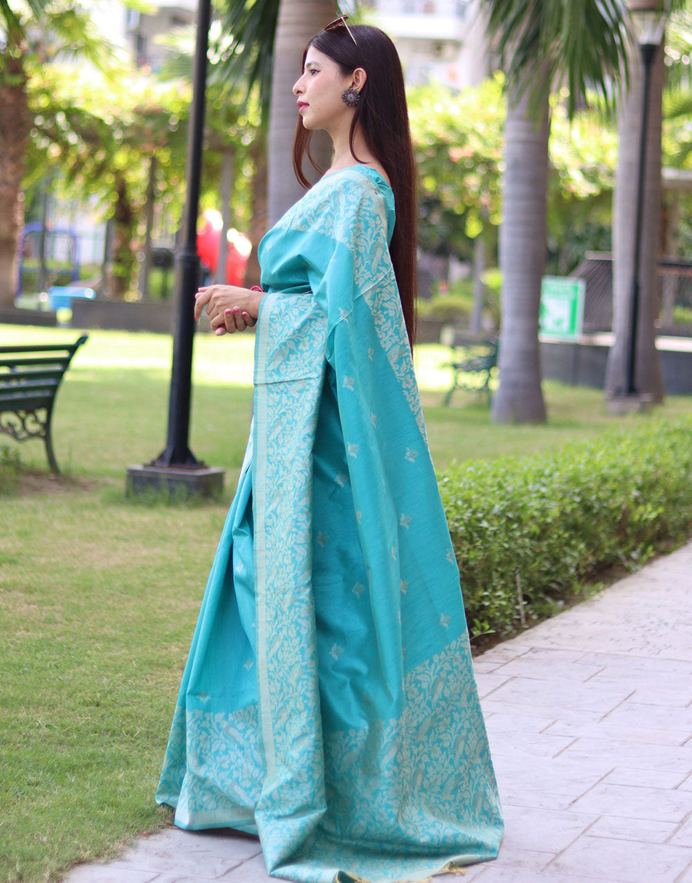 Sky Blue Handloom Raw Silk Saree With Weaving Butties Work