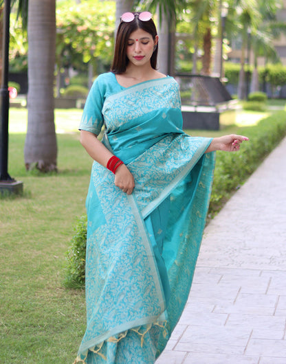 Sky Blue Handloom Raw Silk Saree With Weaving Butties Work