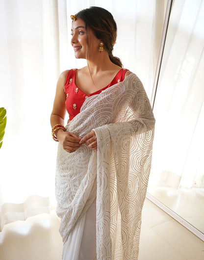 White Georgette Saree With Sequence Work