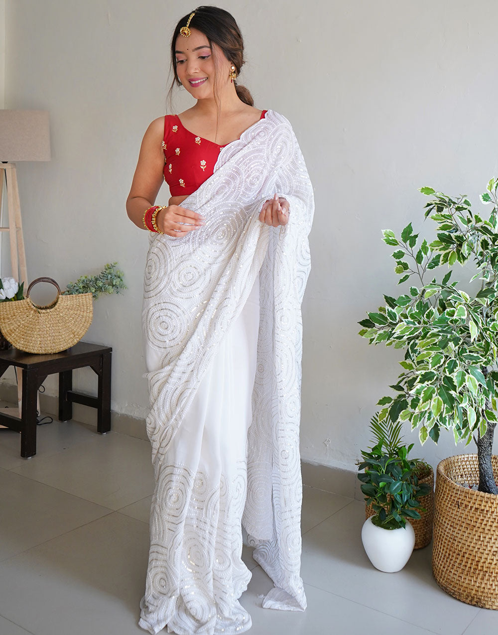 White Georgette Saree With Sequence Work