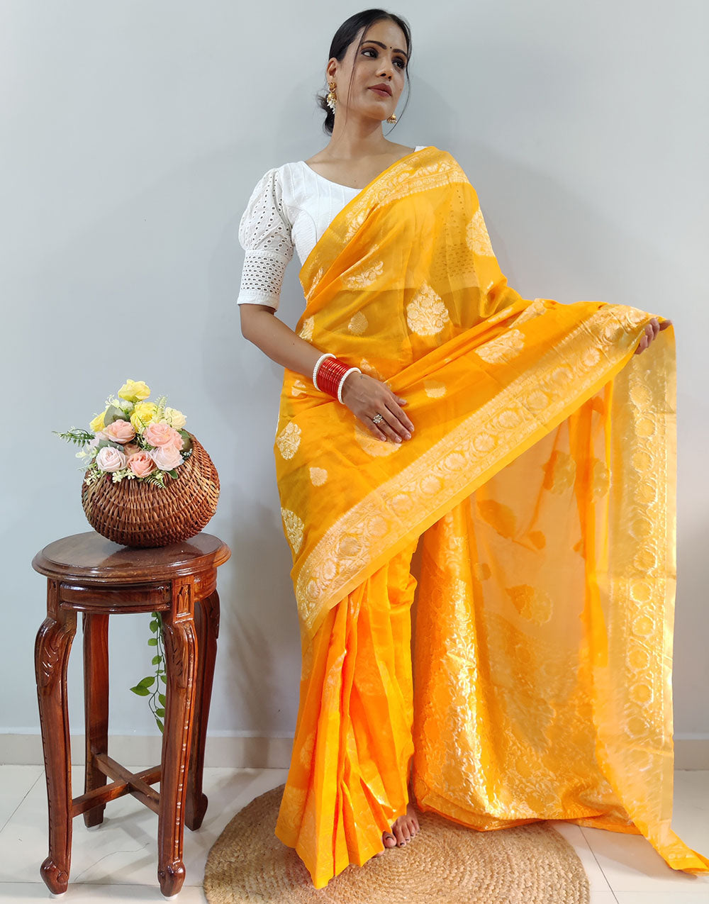 Yellow Silk Ready To Wear Saree