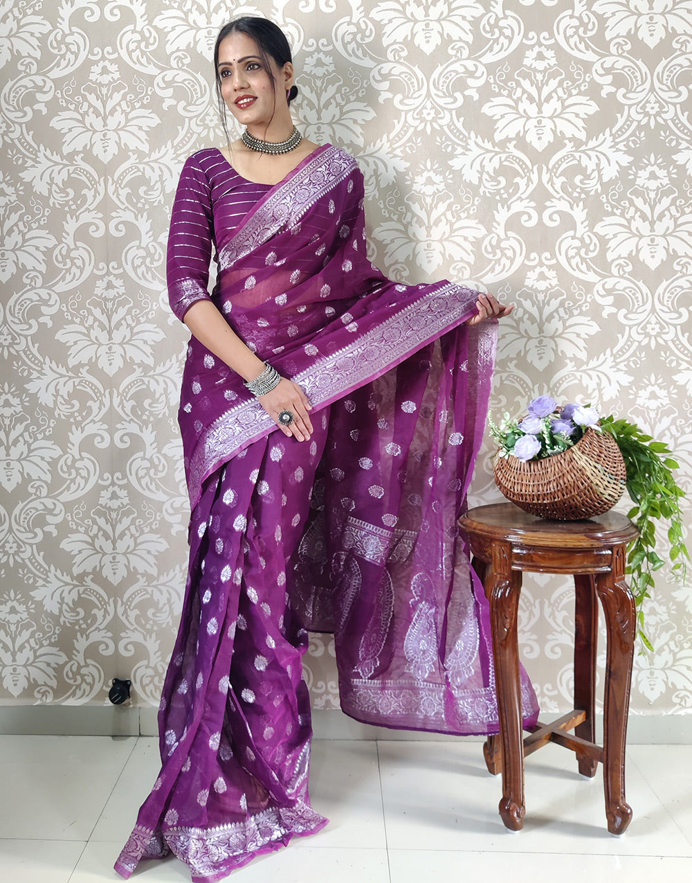 Purple Soft Cotton With Weaving Ready To Wear Saree