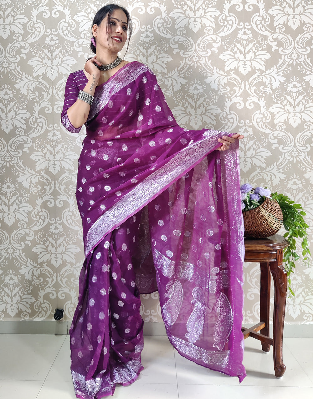 Purple Soft Cotton With Weaving Ready To Wear Saree