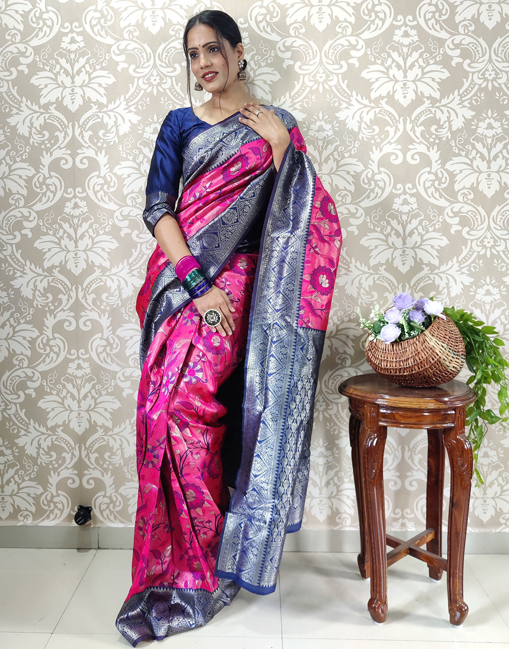 Pink Banarasi Silk Zari Weaving Ready To Wear Saree