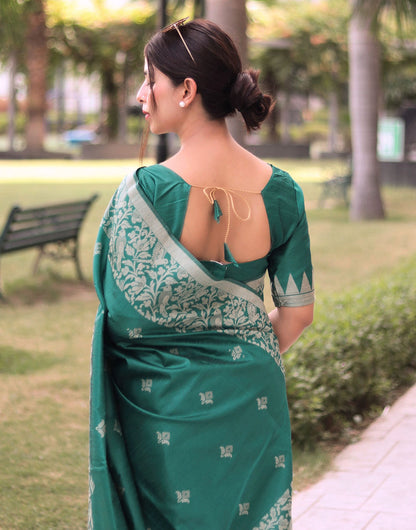 Teal Green Handloom Raw Silk Saree With Weaving Butties Work