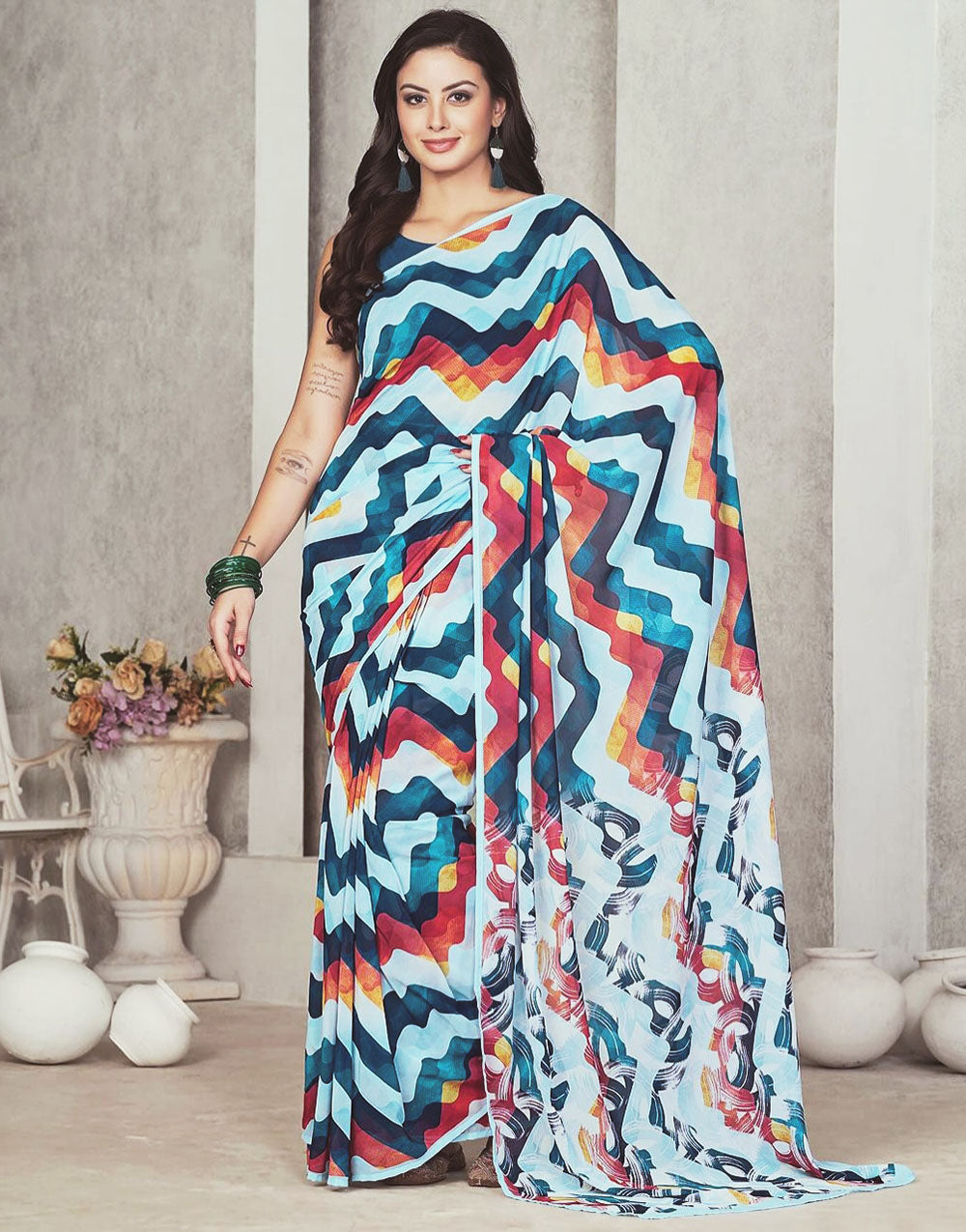 Multi Colour Georgette Ready To Wear Saree With Printed Work