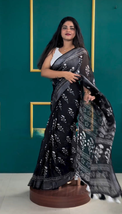 Black Ready To Wear Cotton Saree With Printed Work