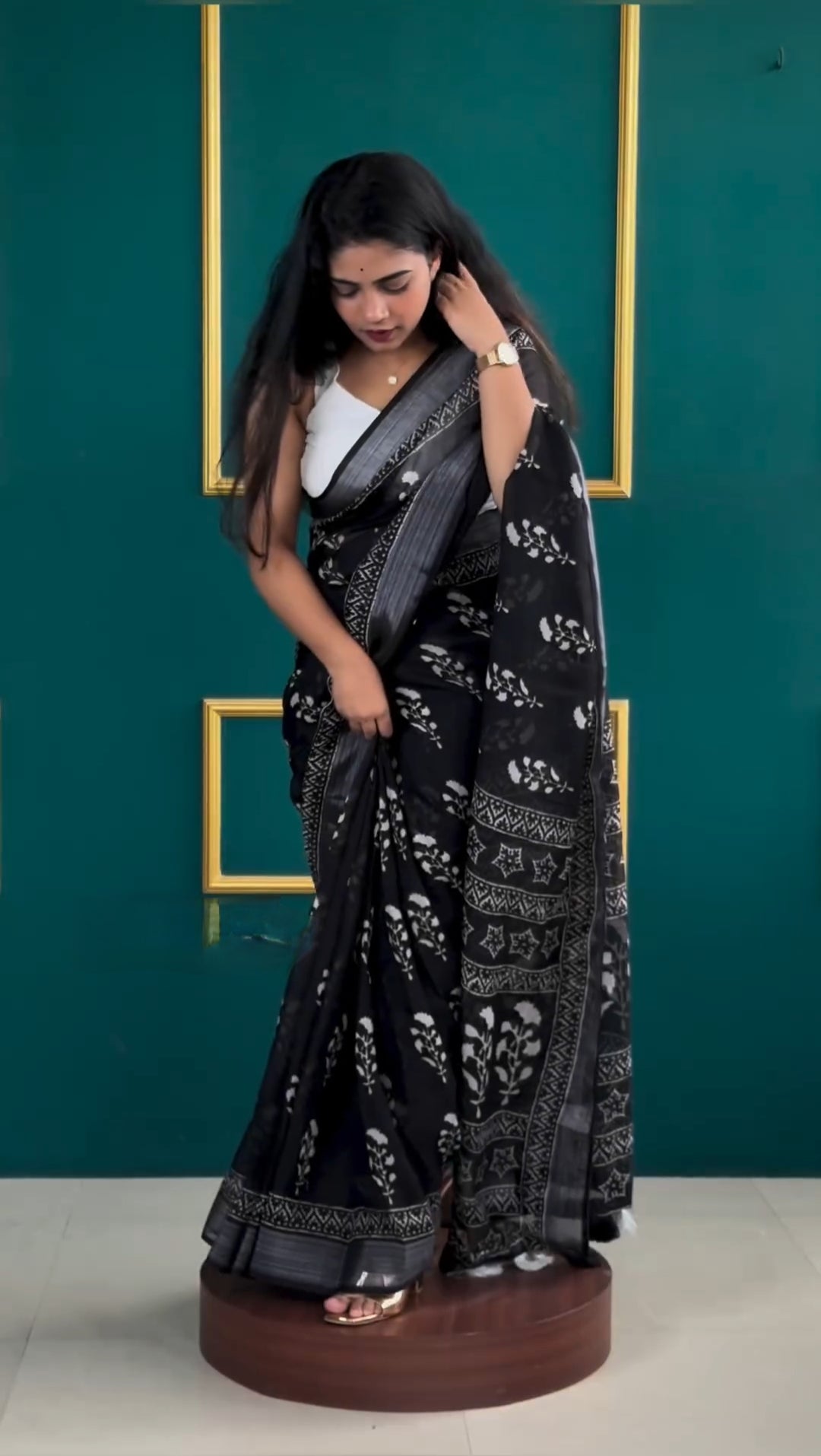 Black Ready To Wear Cotton Saree With Printed Work