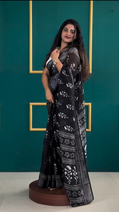 Black Ready To Wear Cotton Saree With Printed Work