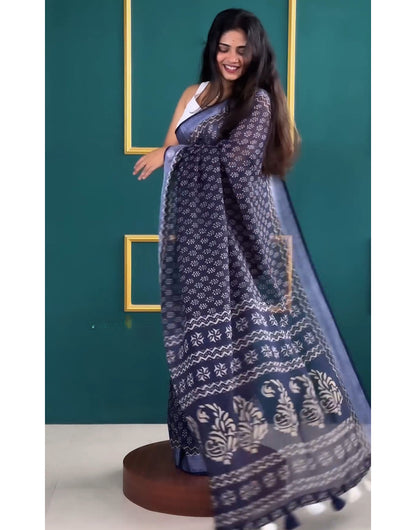 Navy Blue Ready To Wear Cotton Saree With Printed Work