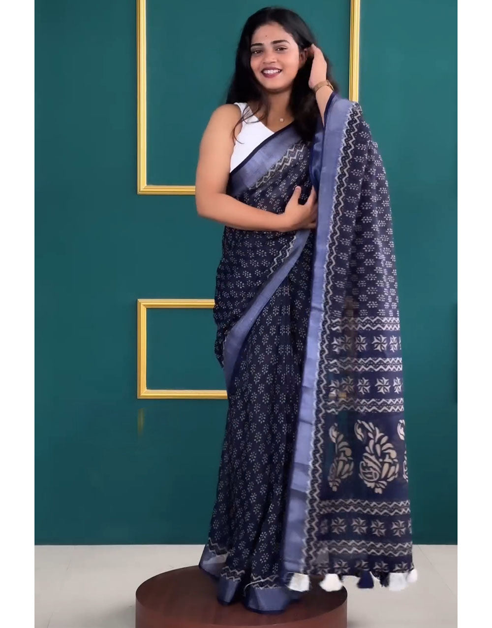 Navy Blue Ready To Wear Cotton Saree With Printed Work