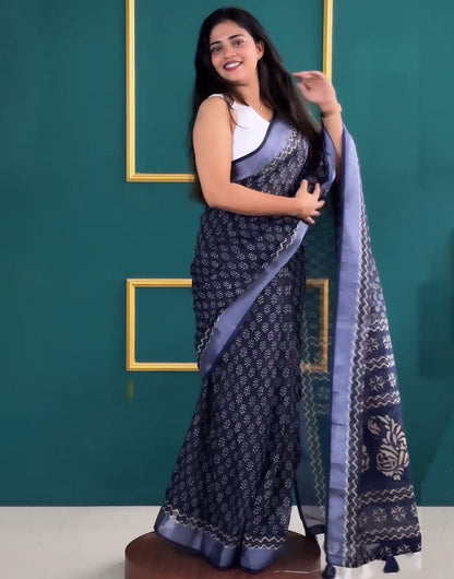 Navy Blue Ready To Wear Cotton Saree With Printed Work