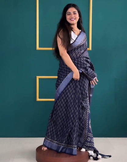 Navy Blue Ready To Wear Cotton Saree With Printed Work