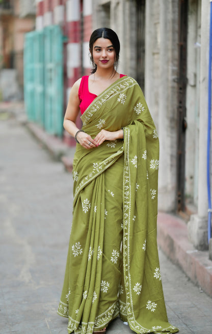 Green Colour Mul Cotton Ready To Wear Saree With Pocket