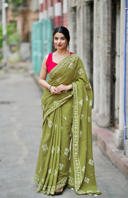 Green Colour Mul Cotton Ready To Wear Saree With Pocket