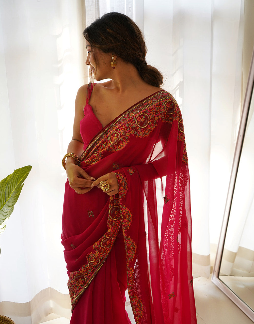 Raspberry Red Georgette Saree With Thread Embroidery & Stone Work