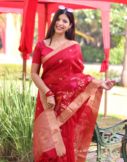 Red Linen Silk Saree With Weaving Work