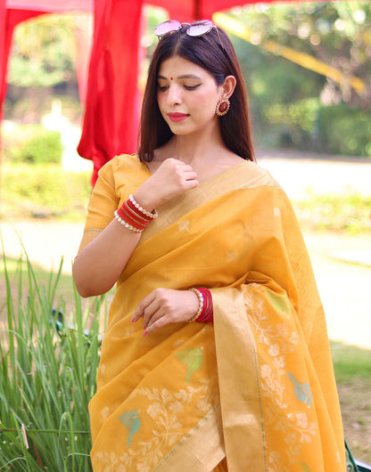 Yellow Linen Silk Saree With Weaving Work