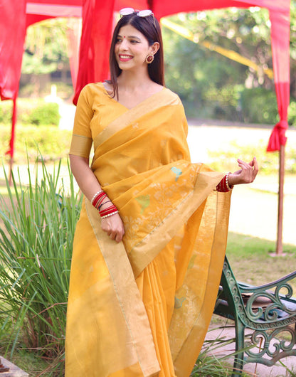 Yellow Linen Silk Saree With Weaving Work