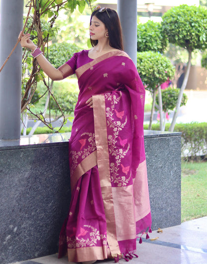 Magenta Linen Silk Saree With Weaving Work